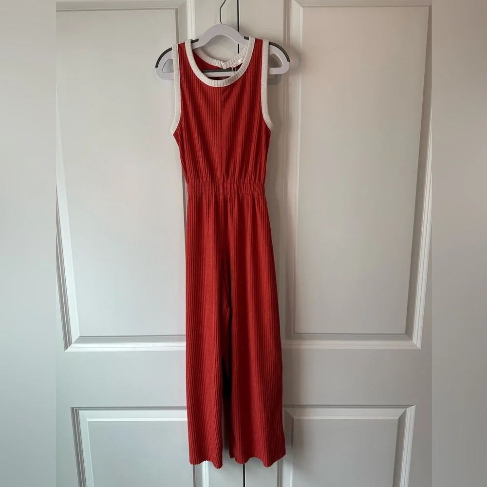 Zara Girls Ribbed Wide Leg Sleeveless Jumpsuit Rust/White (Size 9)